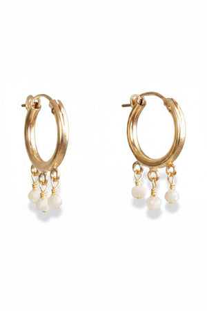 GOLDISH - FRINGE HOOP EARRINGS WITH WHITE PEARLS by GOLDISH: small gold fill hoops featuring three dangling white pearl charms, shown on a plain white background.