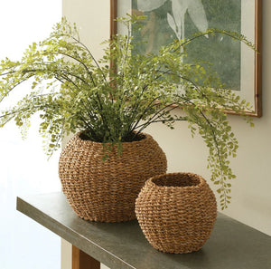 Two NAPA HOME AND GARDEN Seagrass Plant Baskets in different sizes sit side by side on a white background. Their natural, textured finish and wide openings are ideal for use as plant baskets or decor accents.