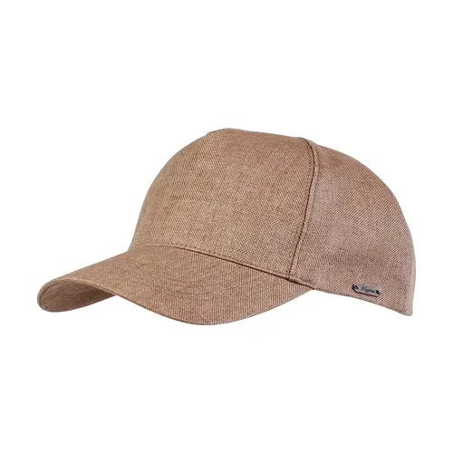 The WIGENS Contemporary Linen Baseball Cap in light brown features a curved brim and a small metallic logo on the side, shown against a white background.