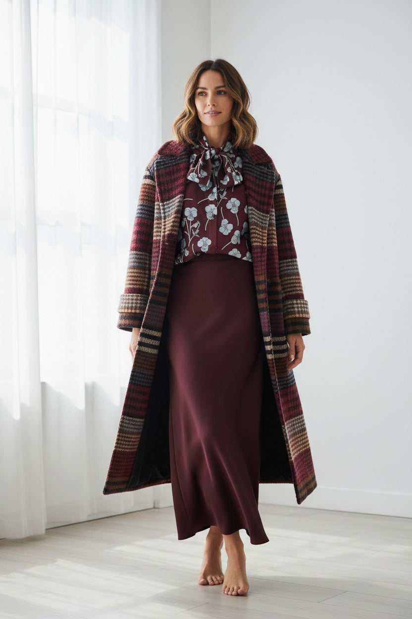 A woman stands indoors on light wooden flooring, barefoot and bathed in natural window light, effortlessly dressed for cold weather in the MIRTO 1956 - LONG PLAID WOOL COAT layered over a floral bow-tie blouse and a long burgundy skirt.