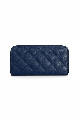 A light blue LE BORSETTE LEATHER QUILTED WALLET with diamond stitching on a white background features a zip-around closure, gold zipper pull, and multiple card slots.