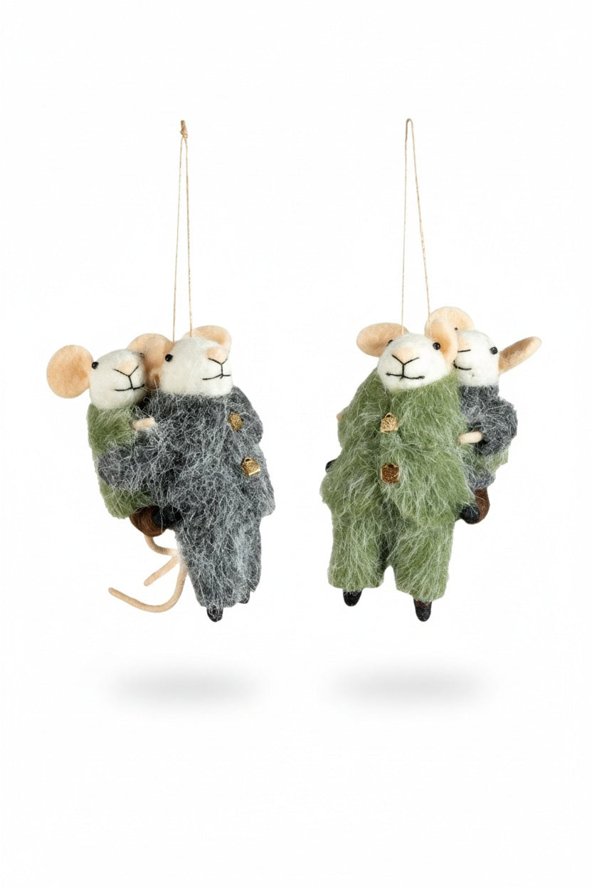 Two PIGGYYBACK MICE ORNAMENTs handcrafted from wool felt, each featuring one mouse giving another a piggyback ride, one pair in a grey coat and green sweater, the other in a green coat and grey sweater.