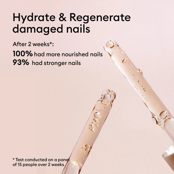 A square glass bottle labeled “MANUCURIST - COMPLETE SERUM” by MANUCURIST INC is displayed, featuring a dropper cap. The dropper, filled with a clear liquid dotted with tiny bubbles, rests beside the bottle—ideal for nourishing damaged nails and delivering essential hydration to cuticles. The scene is set against a soft beige background.