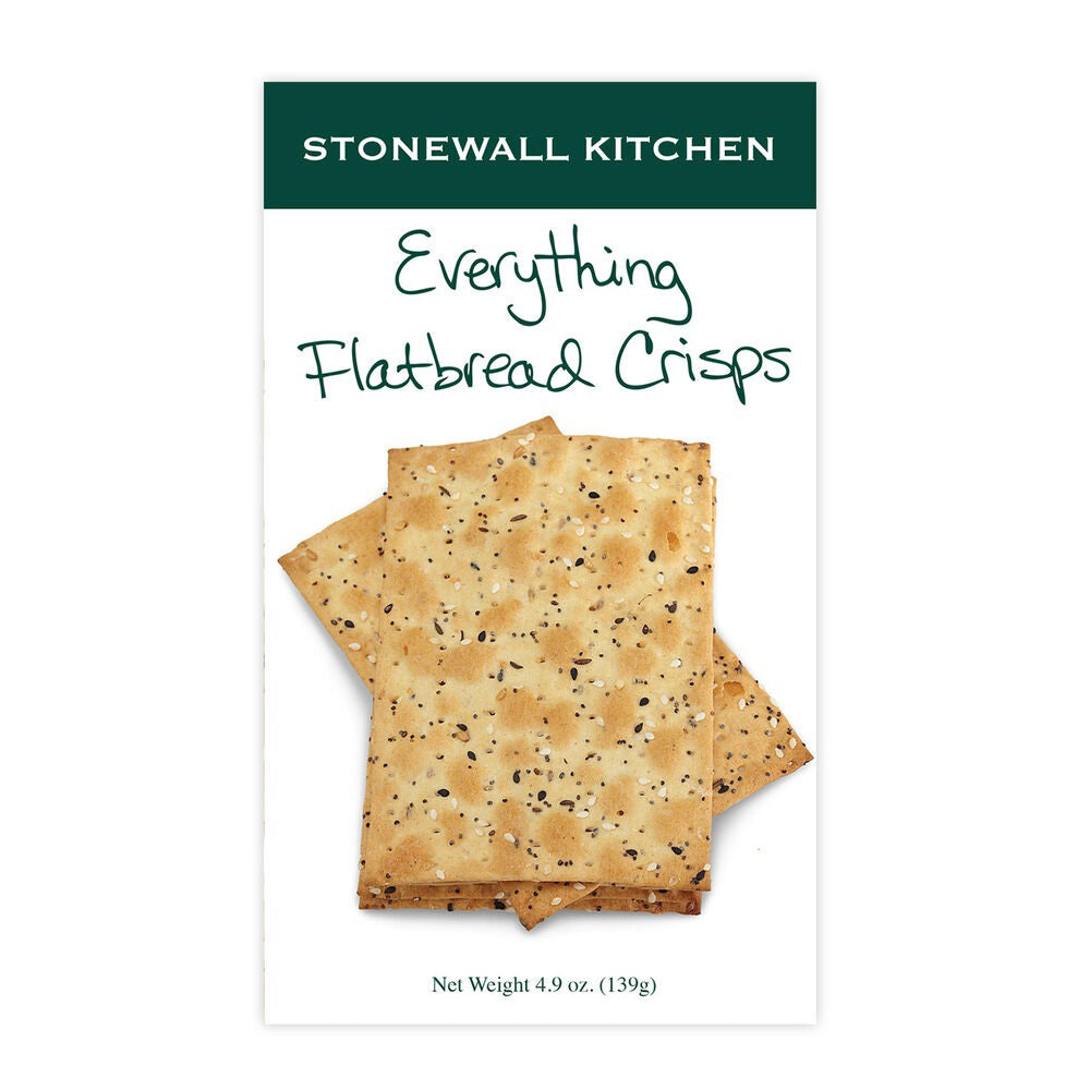 A white package showcasing STONEWALL KITCHEN's "Everything Flatbread Crisps." The front displays an image of several rectangular flatbread crisps adorned with visible seeds and seasoning, ideal for pairing with a savory spread. The package weighs 4.9 oz (139g).