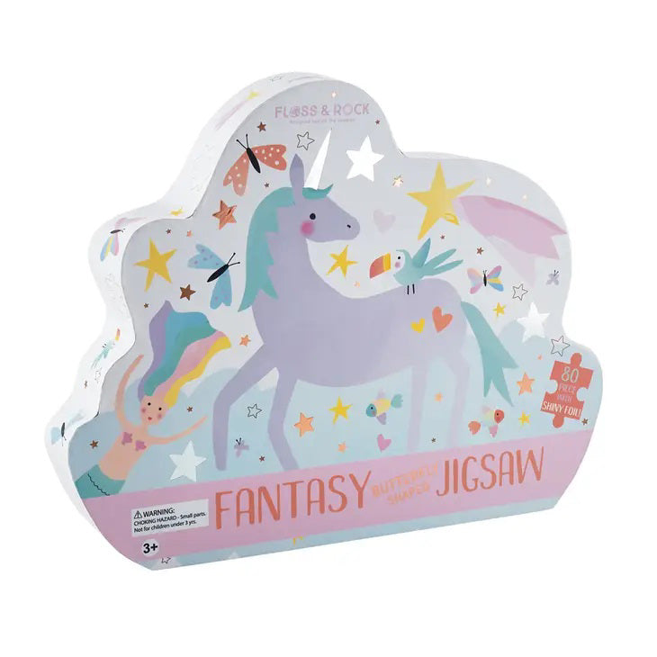 Introducing the "BUTTERFLY FANTASY SHAPE JIGSAW" by FLOSS &amp; ROCK – a vibrant jigsaw puzzle box adorned with whimsical illustrations of a purple unicorn, stars, butterflies, and a rainbow. This charming 80-piece puzzle is perfect for children aged 3 and up and pairs wonderfully with our Dinosaur Puzzle collection.