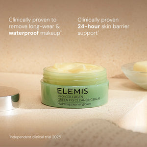 Three textured swatches—yellow, pearly white, and translucent—overlap on a pale background. Text reads: “3-in-1 transformative texture. Rich balm, nourishing oil, hydrating milk.” Experience the multi-tasking power of ELEMIS - PRO-COLLAGEN GREEN FIG CLEANSING BALM by ELEMIS - STEINER—a luxurious facial cleansing balm that also acts as an effective makeup remover.