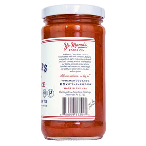 A 12.5 oz (354g) jar of YO MAMA'S - PIZZA SAUCE by YO MAMA'S FOODS features a white label with blue and red text, and highlights fresh ingredients, keto certification, gluten free, and low sodium.