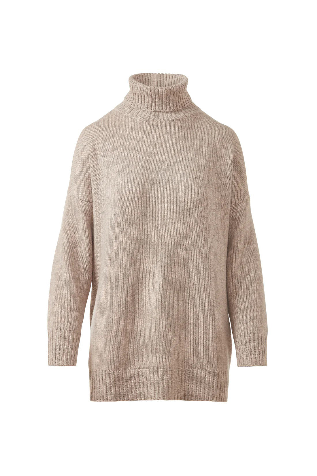 The KINROSS CASHMERE oversized cozy mock neck sweater features long sleeves with ribbed cuffs, hem, and collar in beige cashmere, shown on a white background.