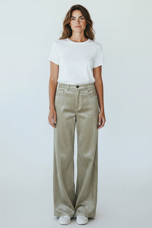 SEVENTY VENEZIA - CORDUROY TROUSER by SEVENTY: high-waisted, wide-leg light olive green corduroy trousers with front button and zip closure, side pockets, made in Italy, shown on a plain light background.