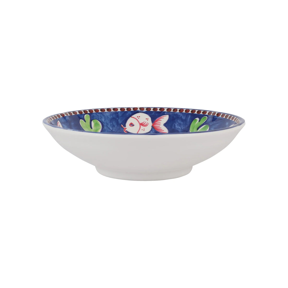 The VIETRI Melamine Campagna Pasta Bowl features a red interior with playful pig and fruit designs, a blue patterned edge, and a durable white melamine build—perfect for outdoor dining.