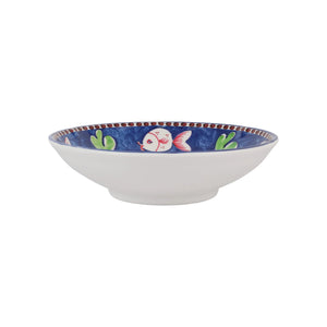The VIETRI Melamine Campagna Pasta Bowl features a red interior with playful pig and fruit designs, a blue patterned edge, and a durable white melamine build—perfect for outdoor dining.