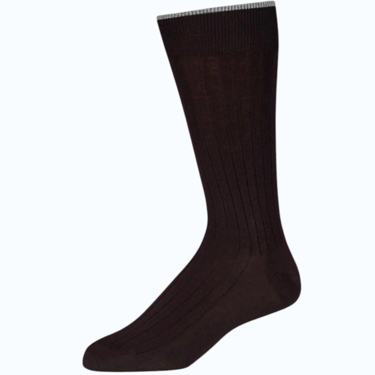 A single LORENZO UOMO ribbed mercerized cotton sock in brown, featuring a light gray band at the top, is shown on a plain light background.