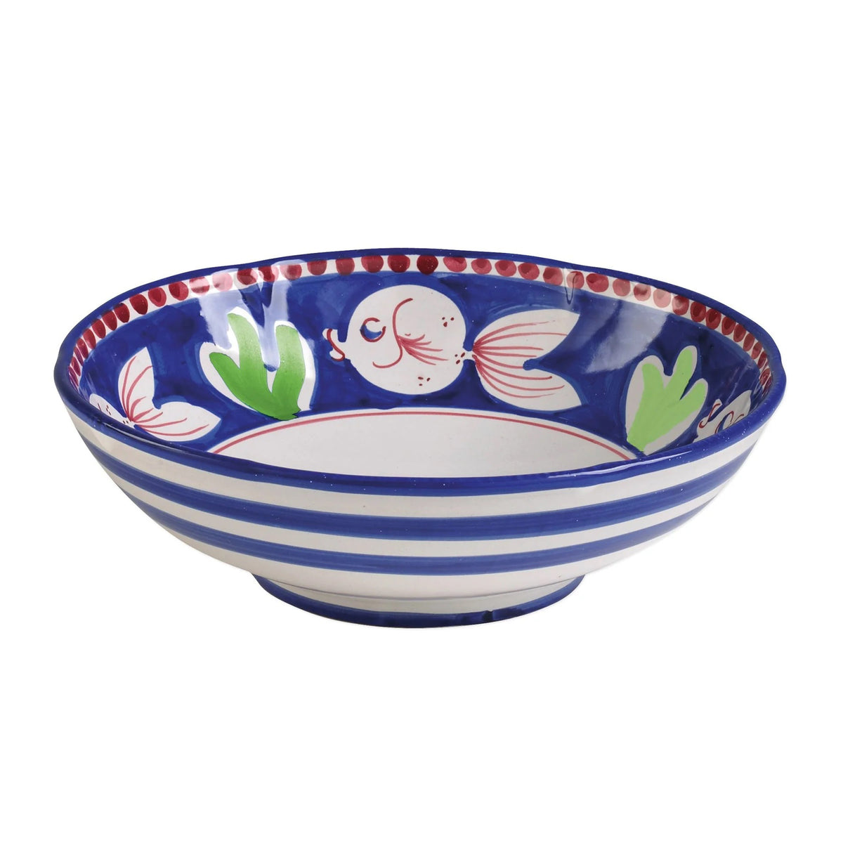 The VIETRI - MELAMINE CAMPAGNA LARGE SERVING BOWL is a durable serving piece that boasts an intricately painted interior. The inner design features a vibrant orange background adorned with colorful flowers and a blue and white bird. A dotted blue pattern graces the rim, making this bowl as functional as it is beautiful.