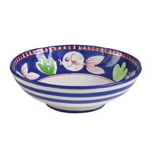 The VIETRI - MELAMINE CAMPAGNA LARGE SERVING BOWL is a durable serving piece that boasts an intricately painted interior. The inner design features a vibrant orange background adorned with colorful flowers and a blue and white bird. A dotted blue pattern graces the rim, making this bowl as functional as it is beautiful.