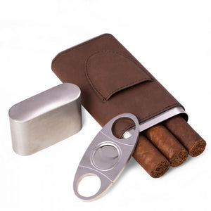 The BEYBERK INTERNATIONAL LEATHER CIGAR CASE holds three cigars, features a sleek cigar cutter in its front pocket, and comes with a separate metal lid for an elegant touch.