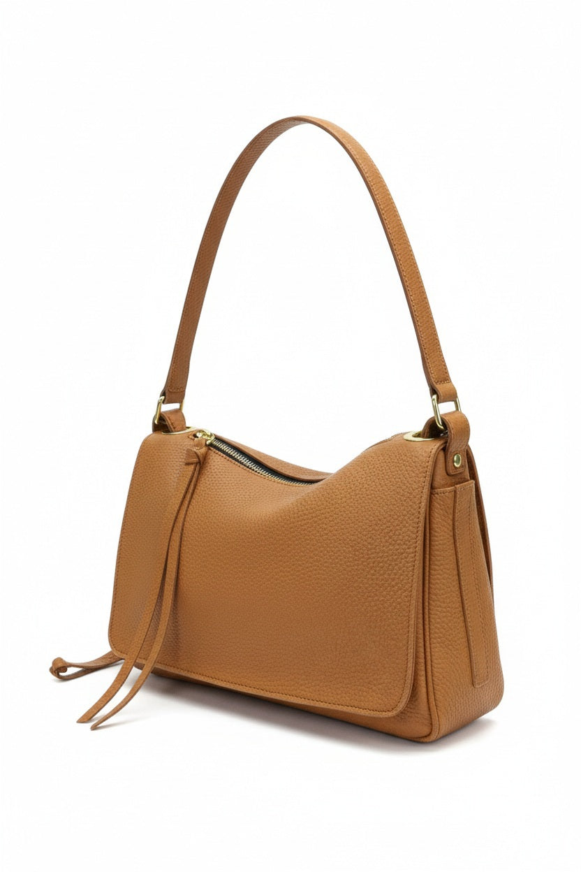 Fearrington Village OLIVEVE Remi medium slouchy shoulder bag in miel buffalo cowhide leather with tassel detail