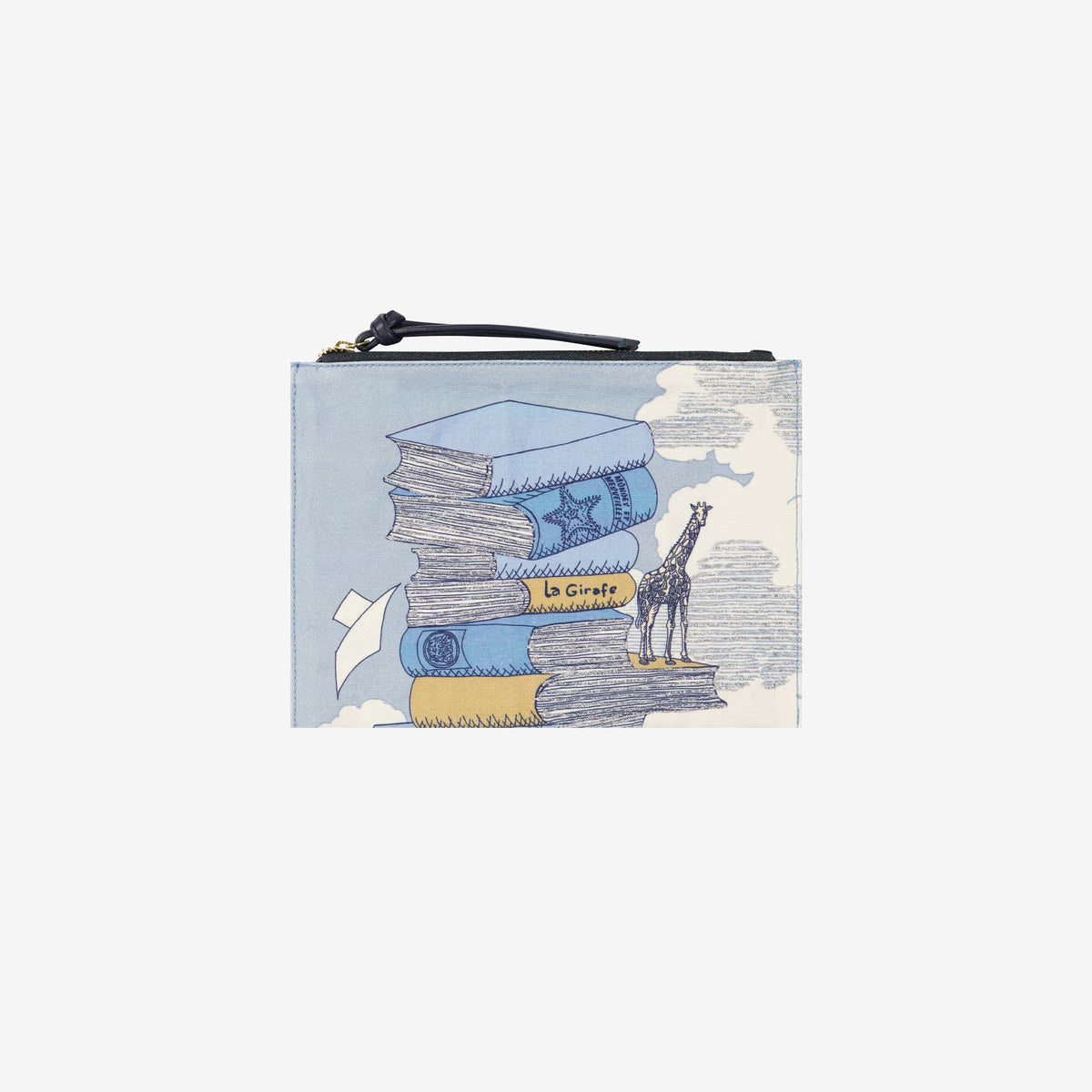 The INOUI EDITIONS Embroidered Pouch by INOUI is a charming gift, showcasing whimsical blue and beige book illustrations topped with a giraffe on a soft blue backdrop with cloud-like patterns—ideal for any book lover.
