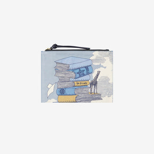 The INOUI EDITIONS Embroidered Pouch by INOUI is a charming gift, showcasing whimsical blue and beige book illustrations topped with a giraffe on a soft blue backdrop with cloud-like patterns—ideal for any book lover.