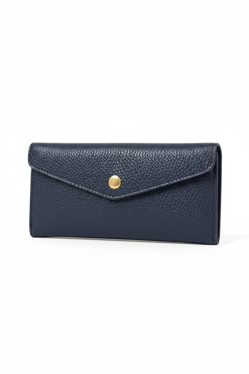 LE BORSETTE LEATHER ENVELOPE STYLE WALLET IN NAVY, crafted from navy blue Italian leather with a gold-tone snap closure.