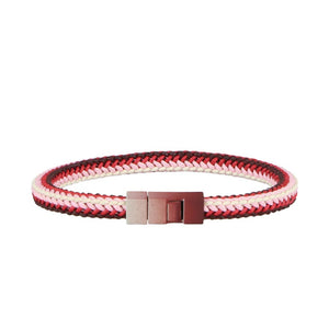 Nine ATHISON SQUARE BRAIDED COTTON BRACELET IN FIRE V2 pieces in assorted colors (black, beige, red, blue, gray, and cream) are fanned out and feature "ATHISON" branding with metal connectors—crafted as stylish eco-friendly jewelry.