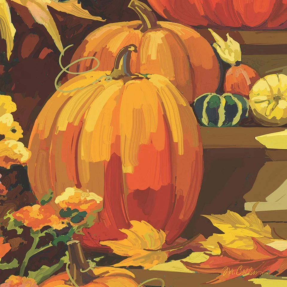 The FRONT PORCH BEVERAGE NAPKINS by PAPER PRODUCTS DESIGN feature a colorful painting of pumpkins, gourds, autumn leaves, and yellow flowers in a festive fall arrangement. Made in Germany with 3-ply paper, these napkins are the perfect choice for your seasonal gatherings.