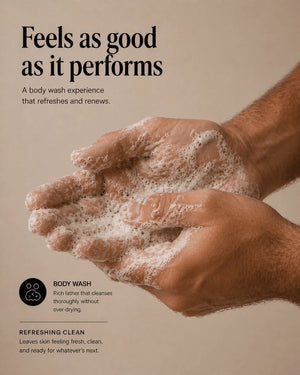 A skincare ingredients chart highlights the benefits of hyaluronic acid, glycerin, panthenol, and aloe vera, alongside images of glass containers, a dropper, and aloe leaves set against a dark background. The text emphasizes cleansing and hydrating the skin—making HYGIENELAB - BODY WASH, LAVENDER SANDS by HYGIENELAB an ideal choice for anyone seeking a nourishing natural body wash or a hydrating body wash to enhance their daily routine.