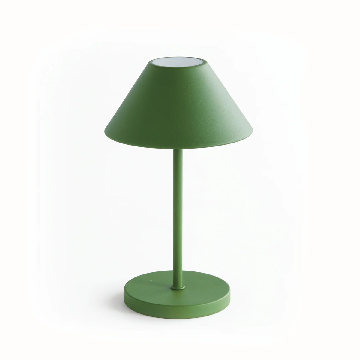 The NAPA HOME AND GARDEN - ALLUNA 10” Cordless LED Lamp in green, a compact and modern luxury table lamp featuring a metal conical shade and a round base, is displayed against a plain white background.