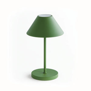 The NAPA HOME AND GARDEN - ALLUNA 10” Cordless LED Lamp in green, a compact and modern luxury table lamp featuring a metal conical shade and a round base, is displayed against a plain white background.