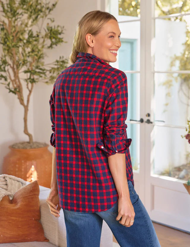 The FRANK &amp; EILEEN EILEEN Relaxed Button Up Shirt in Italian Flannel features a red and blue plaid pattern, collar, bust-flattering buttons, and rolled-up long sleeves.