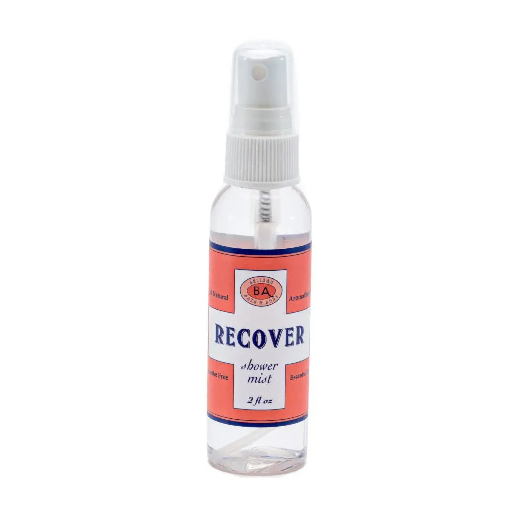 The BAUDELAIRE - RECOVER SHOWER MIST holds 2 fl oz and comes in a red and white design. It is all-natural, alcohol-free, sulfate-free, infused with essential oils, and perfect for aromatherapy enthusiasts.