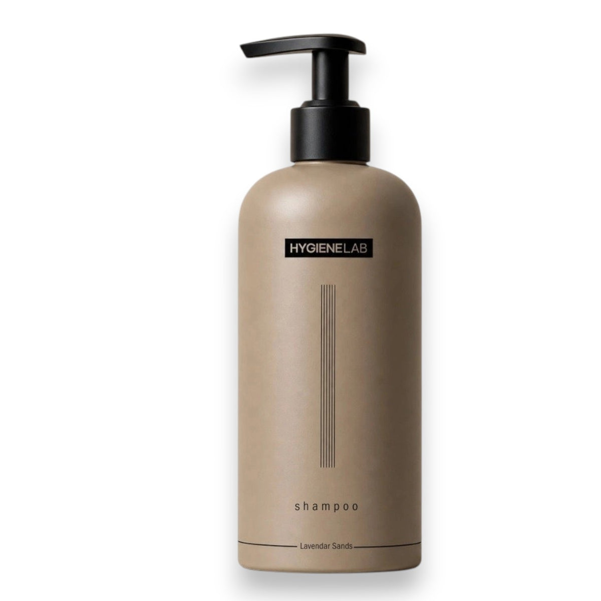 A beige bottle of HYGIENELAB - SHAMPOO, LAVENDER SANDS features a black pump dispenser, minimalist vertical lines, and the scent “Lavender Sands” indicated at the bottom.