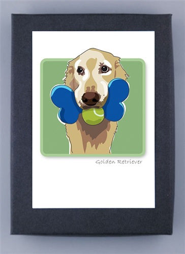The illustration shows a Golden Retriever joyfully holding a blue bone-shaped toy and green ball made from recycled paper, with "Golden Retriever" elegantly written below on a light green background. Proudly made in the USA by PAPER RUSSELLS, it's from the PAPER RUSSELS - TWO TOYS GOLDEN RETRIEVER BOX NOTES.