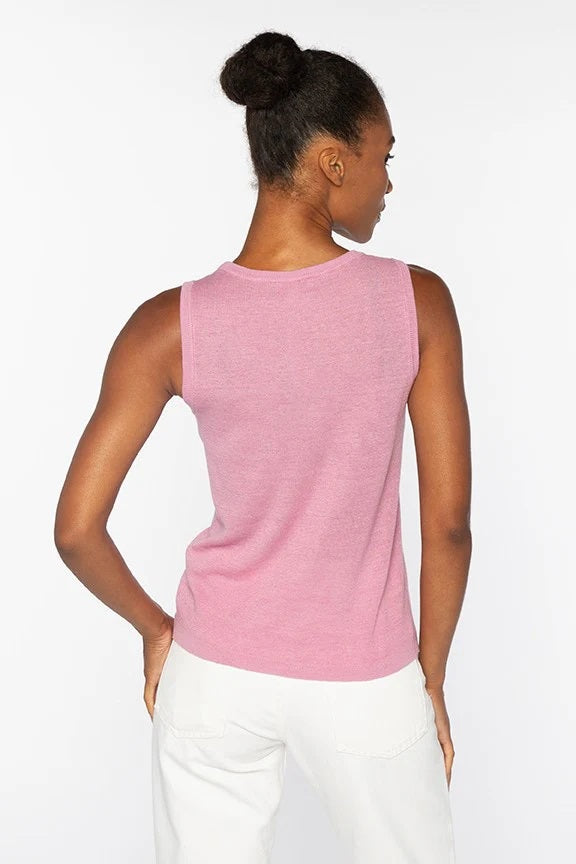The KINROSS CASHMERE Rib Linen Tank by KINROSS is a light blue, sleeveless ribbed knit tank with a crew neckline, shown on a plain white background.