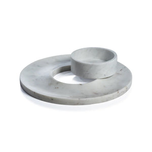 The ZODAX MARBELLA MARBLE CHIP & DIP SERVER is a round, white marble platter with subtle gray veining and a center bowl for dip. It measures 35.56 cm x 5.08 cm (14 in x 2 in) and is perfect for serving chips and dip.