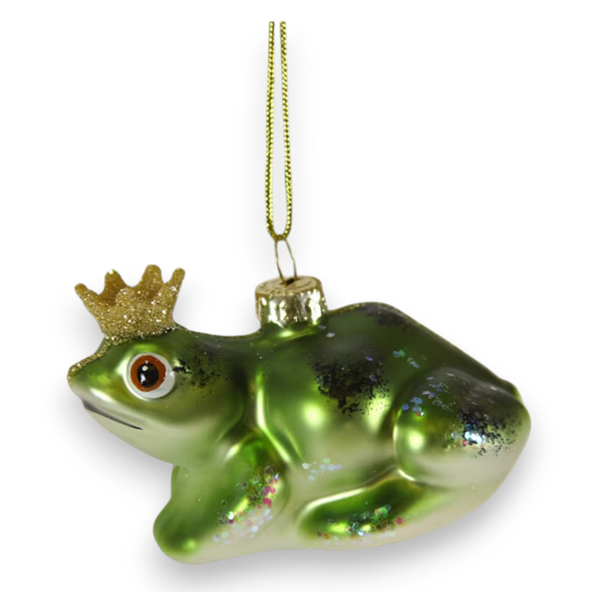 The CODY FOSTER HERALDLY FROG ORNAMENT features a shiny green finish, glittery gold crown, and gold hanging string—a whimsical decor piece perfect for collectors or as a unique gift for design lovers.