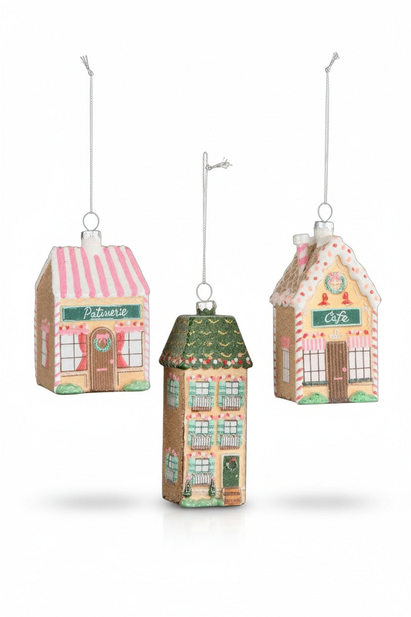 Three SWEET LIVING HOUSE ORNAMENT hanging Christmas ornaments shaped like small buildings, including a patisserie and a cafe, sold individually in assorted styles.