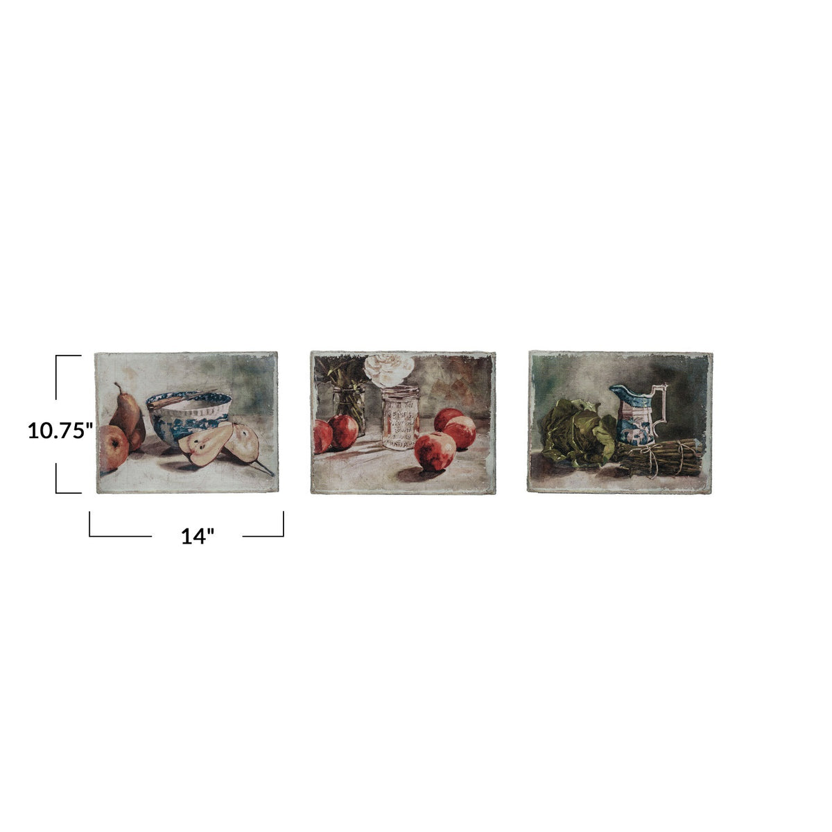 The CREATIVE COOP CANVAS STILL LIFE WITH FRUIT OR VEGETABLES features a blue and white bowl with a spoon, pears, and an apple on a light background—ideal for kitchen wall art or farmhouse décor.