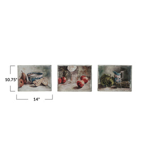 The CREATIVE COOP CANVAS STILL LIFE WITH FRUIT OR VEGETABLES features a blue and white bowl with a spoon, pears, and an apple on a light background—ideal for kitchen wall art or farmhouse décor.
