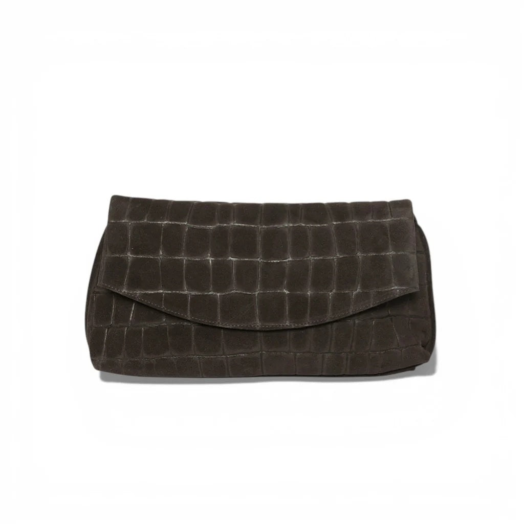 OLIVEVE Valentina Clutch in Truffle Italian croco-embossed suede, featuring a dark brown fold-over design and magnetic snap closure.