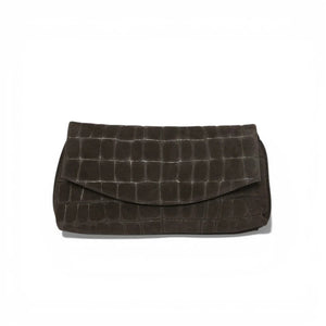 OLIVEVE Valentina Clutch in Truffle Italian croco-embossed suede, featuring a dark brown fold-over design and magnetic snap closure.