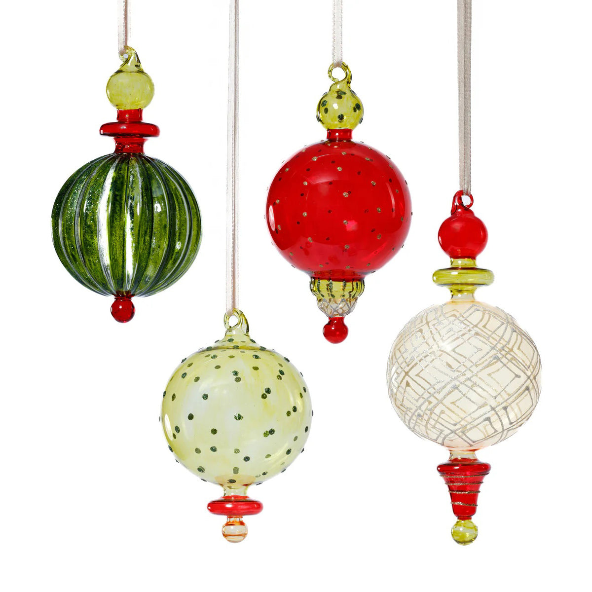 The ZODAX FESTIVE ORNAMENT, sold individually, features a unique 3.25-inch glass design in red, green, and white with stripes, dots, or crisscross lines. Each ornament hangs on a ribbon and displays distinct decorative accents.