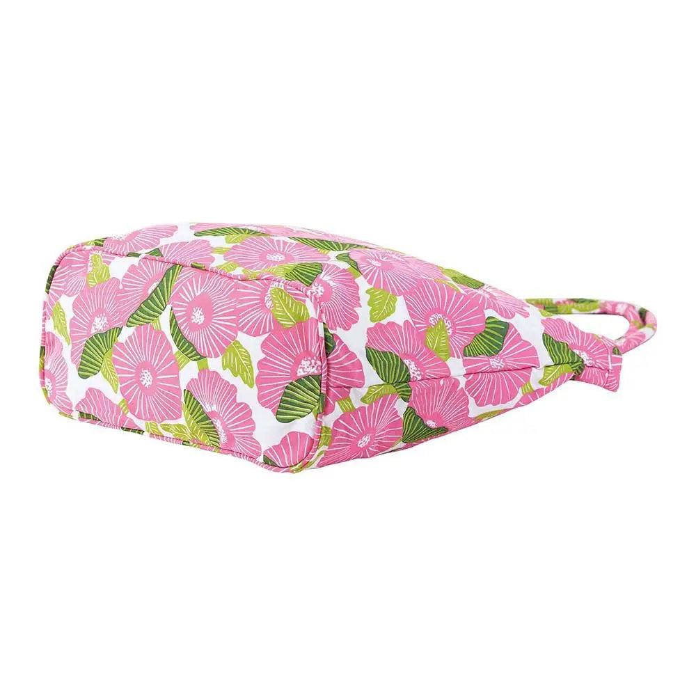 The ROCKFLOWERPAPER POPPY PAPAVER BUCKET BAG is a spacious cotton canvas tote with large pink flowers and green leaves on white. Featuring two handles, this stylish bag by ROCKFLOWERPAPER is perfect for everyday shopping or casual use.