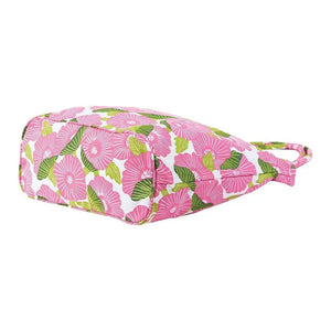 The ROCKFLOWERPAPER POPPY PAPAVER BUCKET BAG is a spacious cotton canvas tote with large pink flowers and green leaves on white. Featuring two handles, this stylish bag by ROCKFLOWERPAPER is perfect for everyday shopping or casual use.