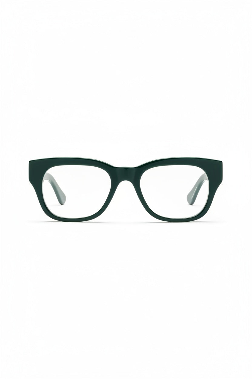 CADDIS - Miklos Progressive Readers in Pine Tar are black, rectangular premium acetate eyeglasses with clear, scratch-resistant lenses, displayed on a white background facing forward. The durable frames from CADDIS feature temples that are slightly curved inward.