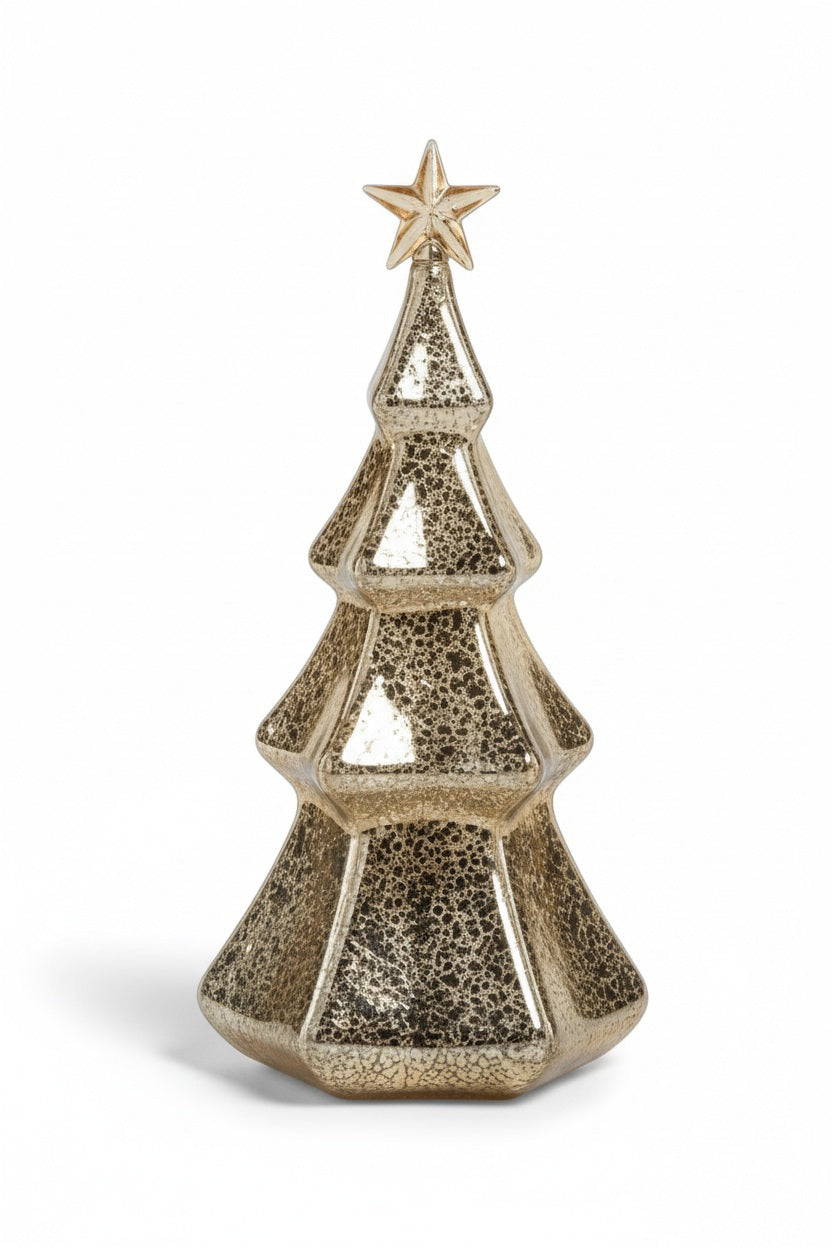 A ZODAX LED HEXAGON ANTIQUE TREE WITH STAR DESIGN lamp made of metallic, hexagonal glass in a tree shape with a speckled antique finish and a gold star on top.