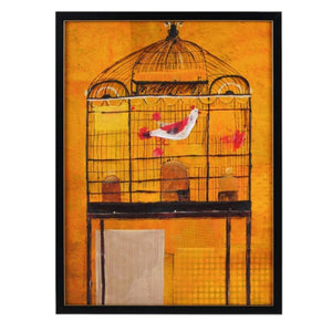 A potted green tree stands beside a white wall decorated with CREATIVE COOP’s FRAMED CANVAS WALL ART WITH HAND-PAINTED BIRDS, featuring a yellow birdcage and perched bird.