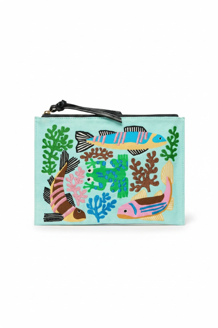 The INOUI EDITIONS - SPLASH EMBROIDERED POUCH by INOUI showcases a rectangular design with vibrant, hand-embroidered fish and coral on a light blue backdrop. This pouch features seaweed in shades of green, pink, blue, and brown, highlighting exquisite textile art.