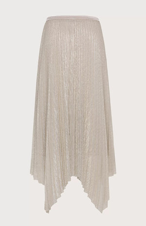 Introducing the SEVENTY VENEZIA - Pleated Lurex Jersey Skirt with Asymmetrical Hem by SEVENTY, a cream-colored midi skirt featuring an elegant asymmetrical bottom. This skirt is crafted from crinkle-effect lurex jersey, giving it a subtle, shimmery texture that enhances its flowy design. The fitted waistband ensures a graceful drape, adding an extra touch of sophistication to this stylish piece.