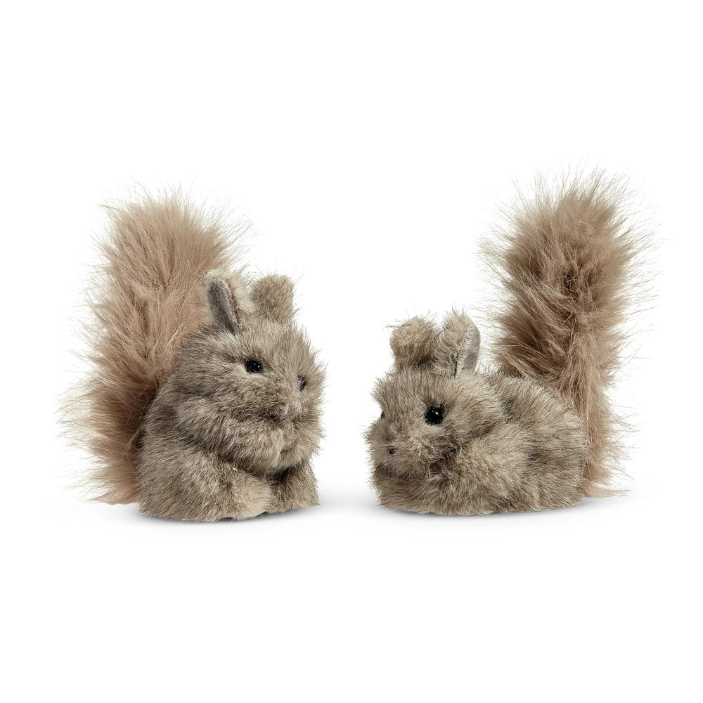 Two SQUIRREL ORNAMENTS from RAZ IMPORTS, featuring fluffy tails and soft light brown polyester fur, face each other against a white background. Each ornament is sold individually and sized perfectly for display.