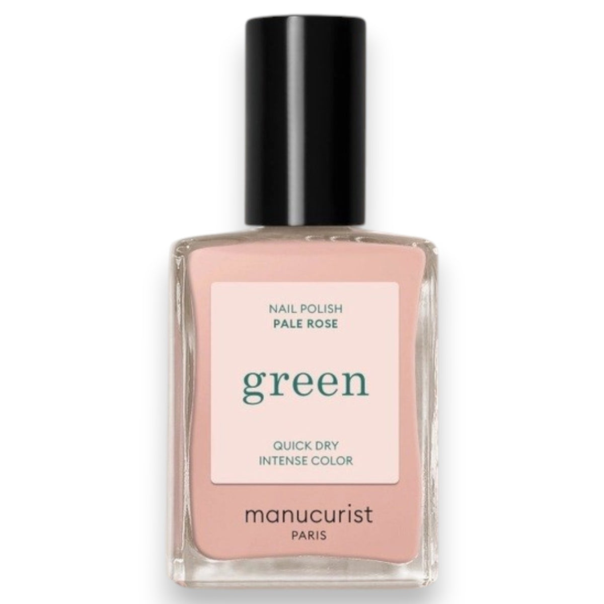 Five glossy-finished, non-toxic MANUCURIST nail polish swatches—including the GREEN™ NAIL POLISH IN PALE ROSE—labeled Milky White, Milky Pink, Hortencia, Pale Rose, and Beige, display a gradient of shades ranging from white through pale pink to nude tones.